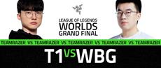 Faker und Weibo Gaming halten das Banner von Team Razer auf der Worlds 2023 hoch
